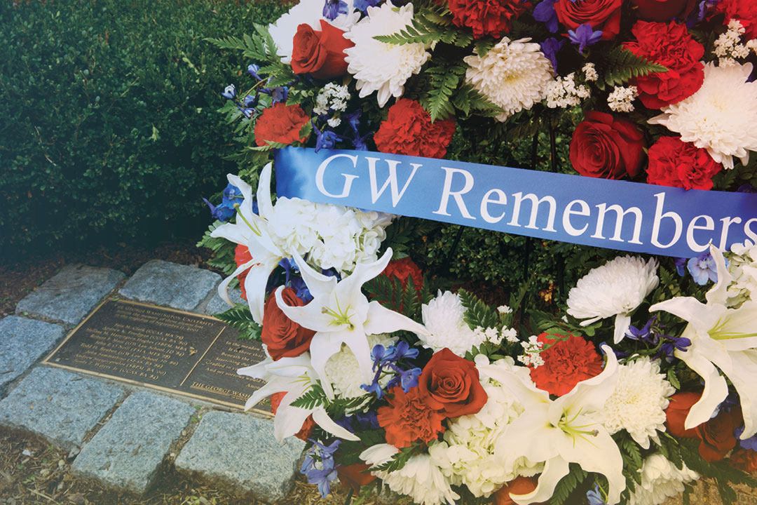 GW Remembers flowers on the memorial in anniversary park