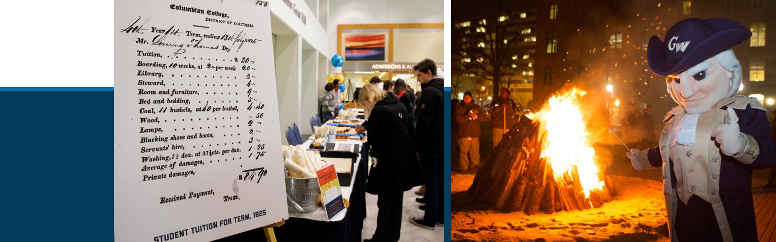 indoor event with GW historical materials on display (left) and GW's mascot roasting marshmallows at a bonfire (right) 